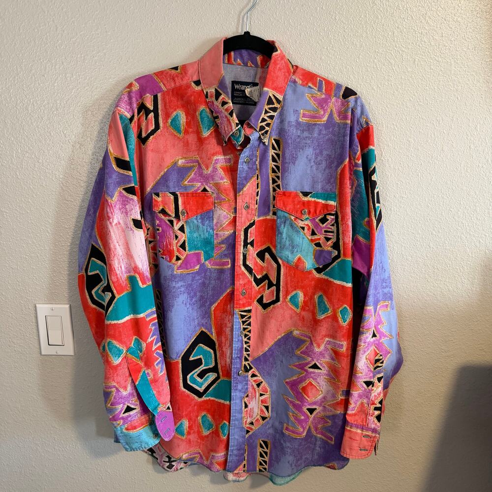 Wrangler Vintage 90s Long Sleeve Aztec Print Western Button Up Shirt Size - Picture 2 of 5